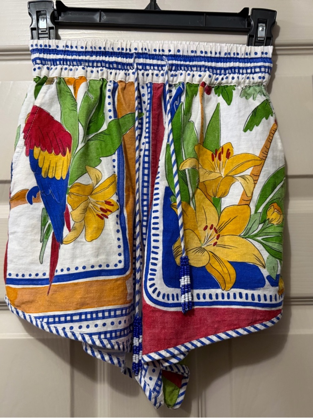 FARM Rio Parrot & Lily Print High-Waist Shorts - Blue, Yellow, Red, Green
